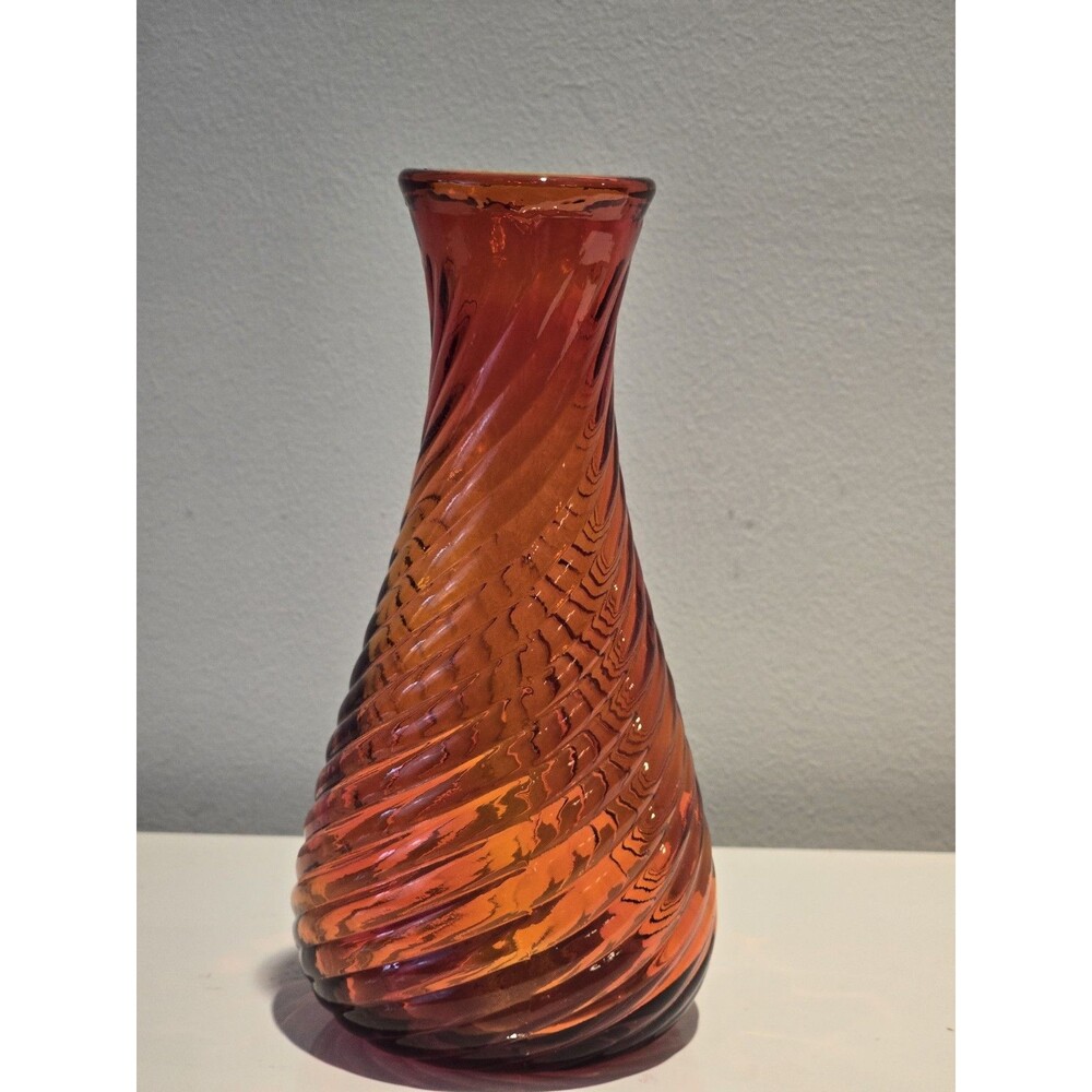 Vintage Amberina Swirl Art Glass Vase Red Orange Twisted Ribbed MCM Viking Style